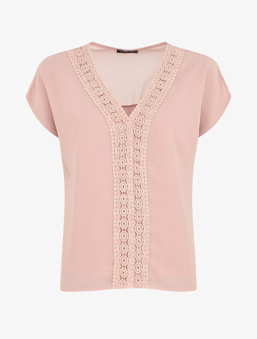 Top uni en voile et broderies - Rose - 1