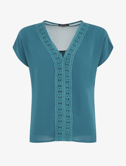 Top uni en voile et broderies - Bleu canard - 5
