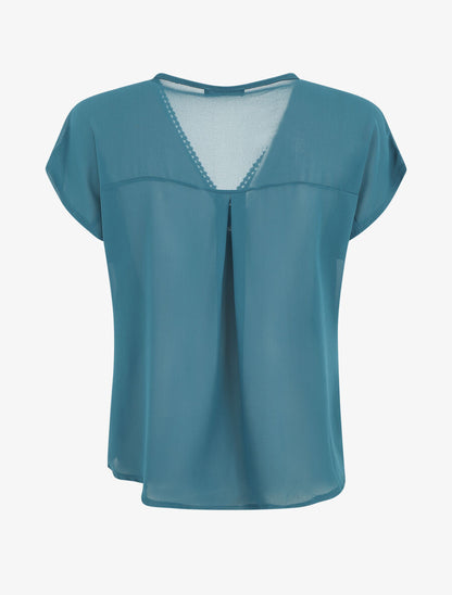 Top uni en voile et broderies - Bleu canard - 2