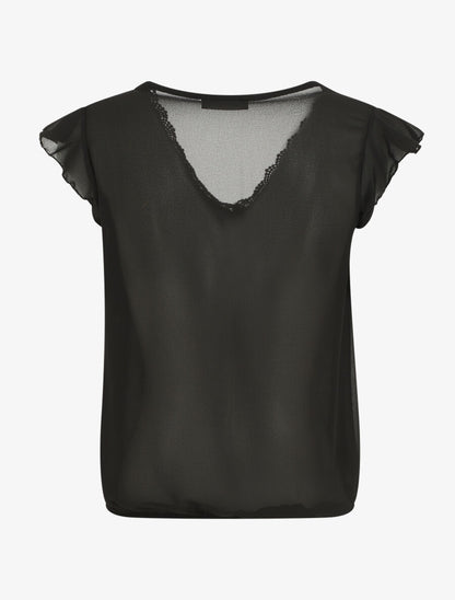 Top uni à mancherons col V en dentelle - Noir - 2
