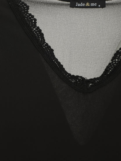 Top uni à mancherons col V en dentelle - Noir - 3