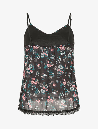 Caraco imprimé petites fleurs à bord en dentelle - Noir - 2