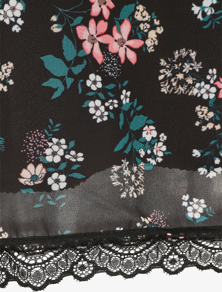 Caraco imprimé petites fleurs à bord en dentelle - Noir - 3