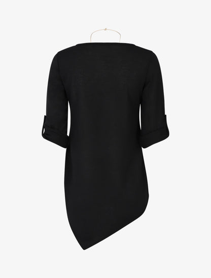 Pull fin asymétrique à manches retroussables - Noir - 2