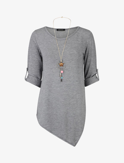 Pull fin asymétrique à manches retroussables - Gris - 1