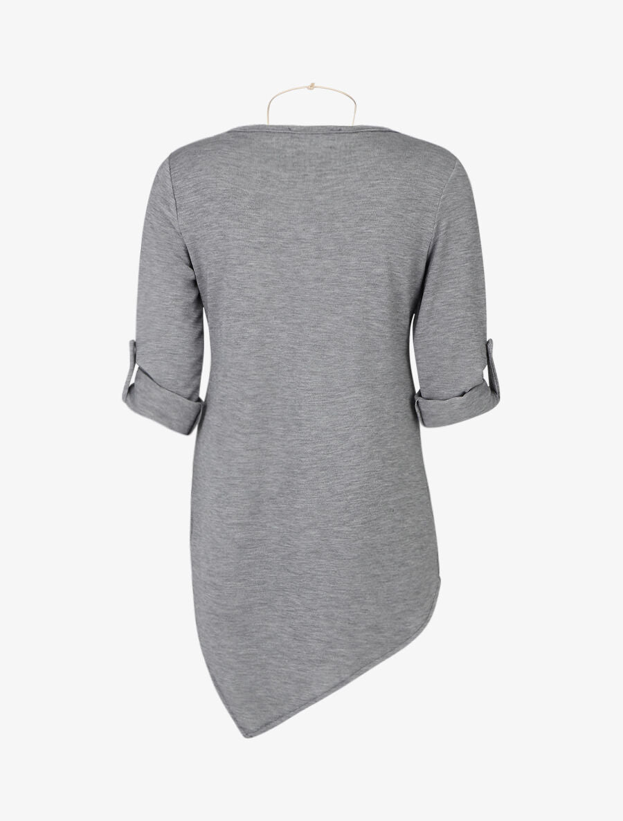 Pull fin asymétrique à manches retroussables - Gris - 2