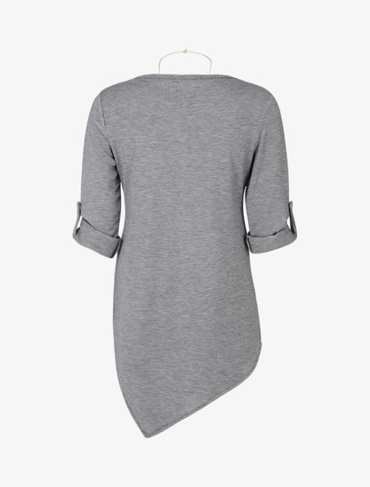 Pull fin asymétrique à manches retroussables - Gris - 2