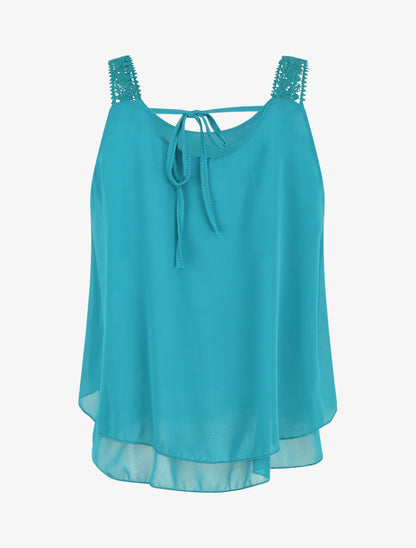 Débardeur fluide uni à bretelles en crochet - Bleu turquoise - 2