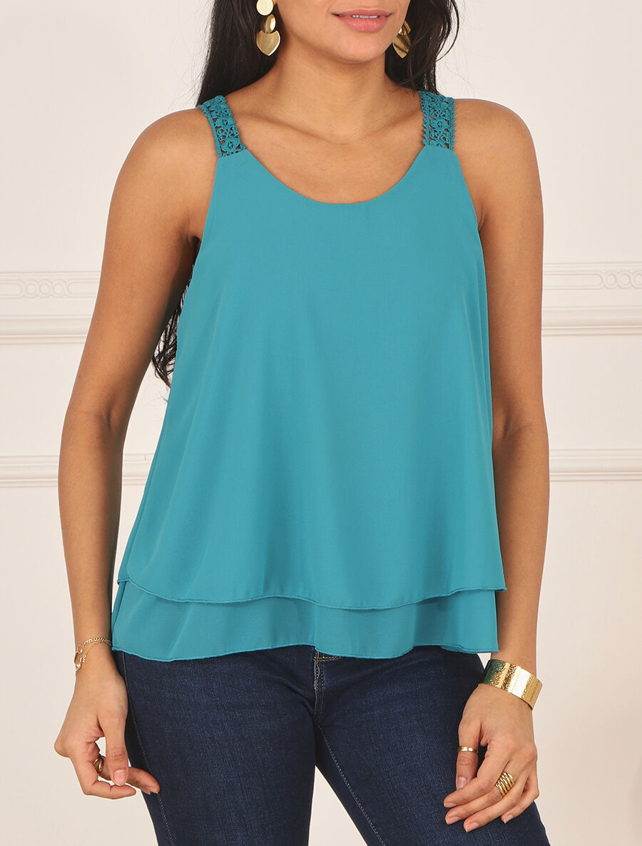 Débardeur fluide uni à bretelles en crochet - Bleu turquoise - 4