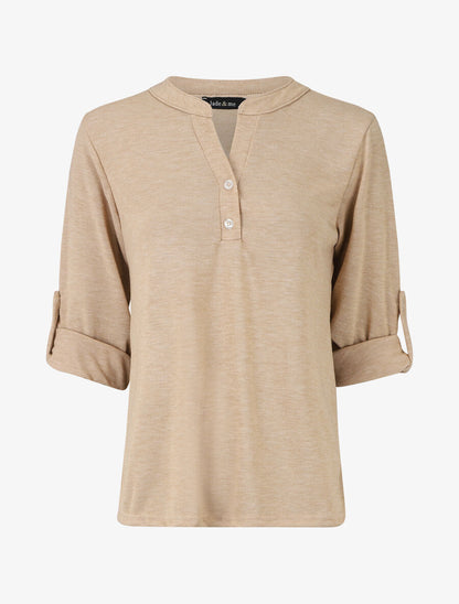 Pull uni fin à manches retroussables - Beige - 5