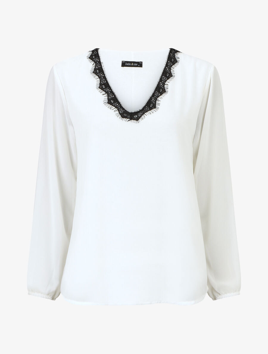 Blouse unie à manches longues et col en dentelle - Blanc - 1