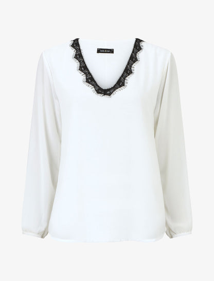 Blouse unie à manches longues et col en dentelle - Blanc - 1