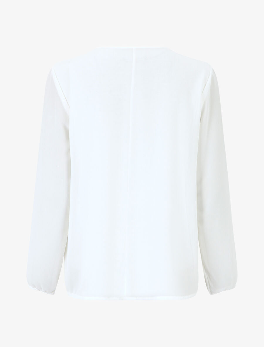 Blouse unie à manches longues et col en dentelle - Blanc - 2
