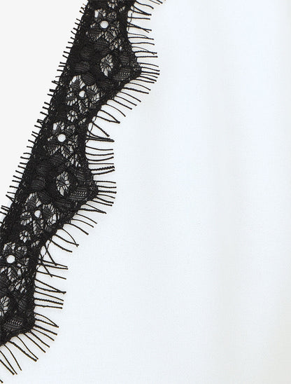 Blouse unie à manches longues et col en dentelle - Blanc - 3