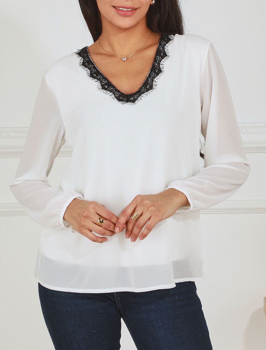Blouse unie à manches longues et col en dentelle - Blanc - 4