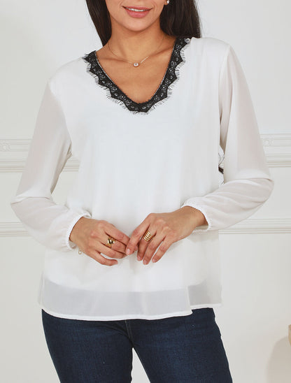 Blouse unie à manches longues et col en dentelle - Blanc - 4