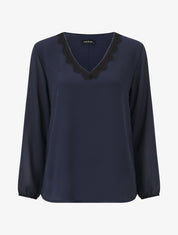 Blouse unie à manches longues et col en dentelle - Marine - 1