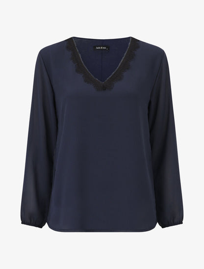 Blouse unie à manches longues et col en dentelle - Marine - 1