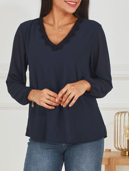 Blouse unie à manches longues et col en dentelle - Marine - 4