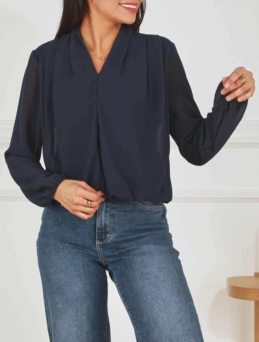 Blouse drapée unie à manches longues - Marine - 4
