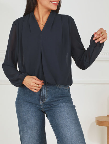 Blouse drapée unie à manches longues - Marine - 4