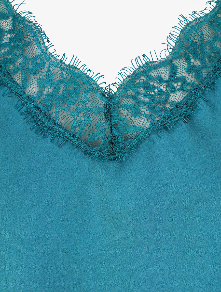 Caraco uni à détail en dentelle - Bleu canard - 3