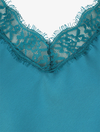 Caraco uni à détail en dentelle - Bleu canard - 3