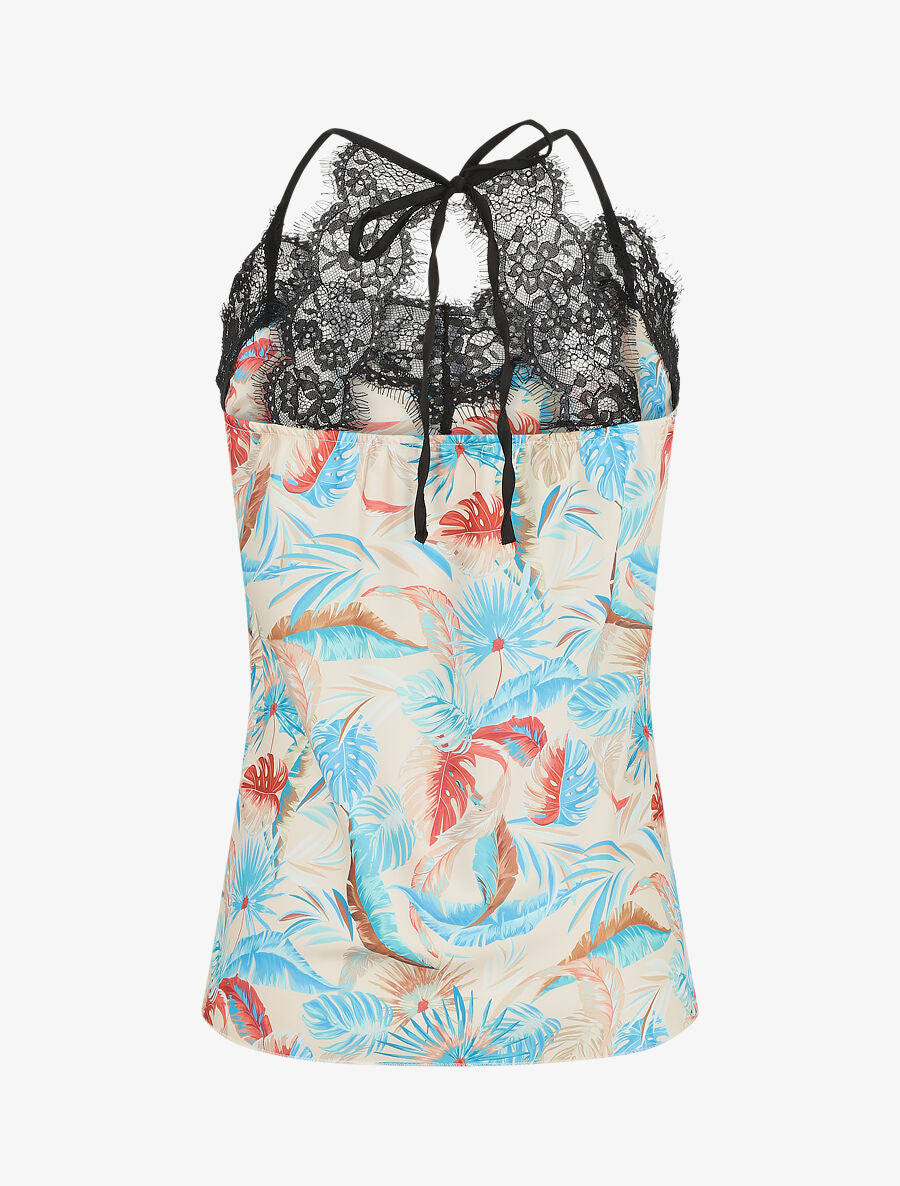 Caraco satiné imprimé tropical et dentelle - Beige - 2