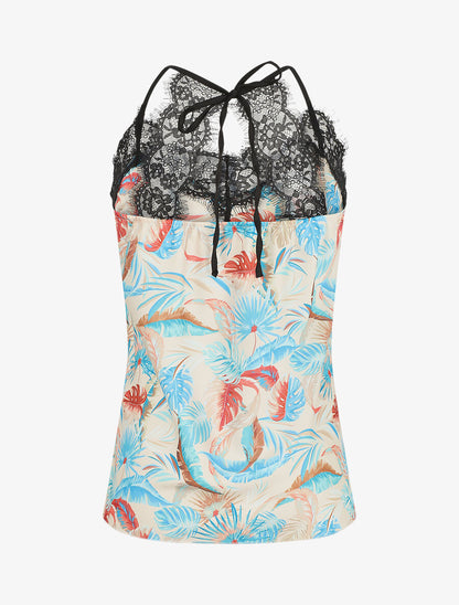 Caraco satiné imprimé tropical et dentelle - Beige - 2