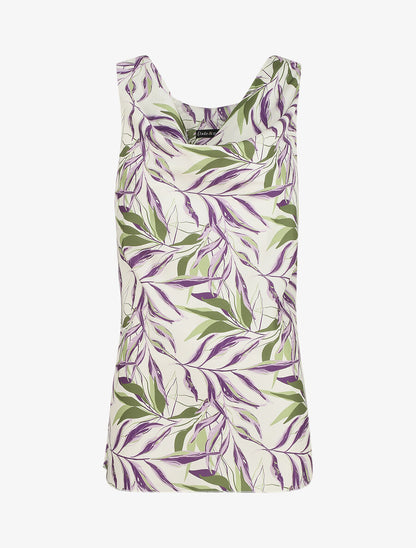 Top satiné imprimé feuilles à col bénitier - Crème - 5