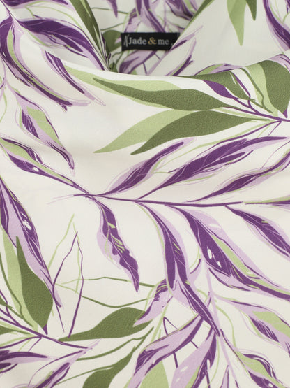 Top satiné imprimé feuilles à col bénitier - Crème - 3