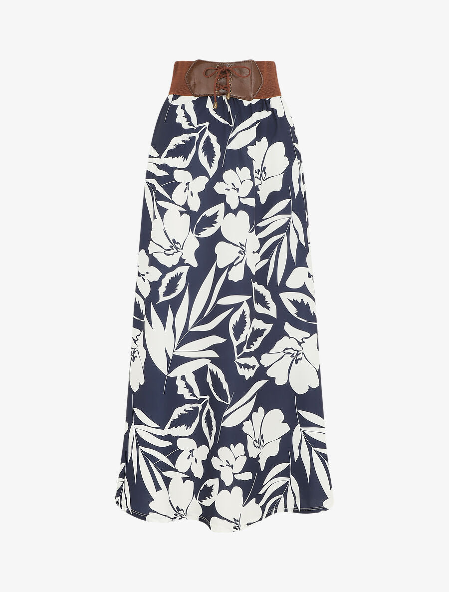 Jupe longue taille haute style corset imprimé hawaïen - Bleu nuit - 1