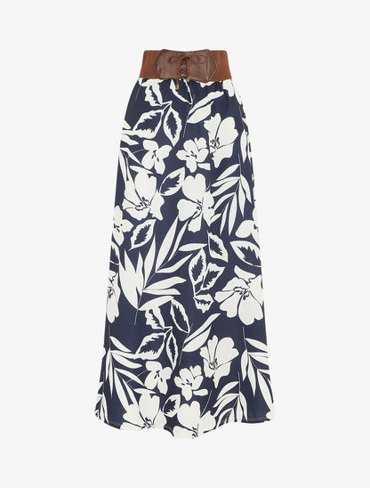 Jupe longue taille haute style corset imprimé hawaïen - Bleu nuit - 1