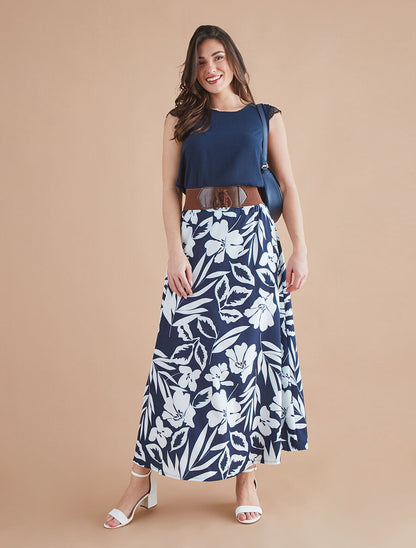 Jupe longue taille haute style corset imprimé hawaïen - Bleu nuit - 5