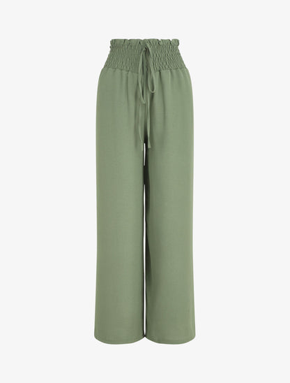 Pantalon uni ample taille haute élastiquée - Vert - 1