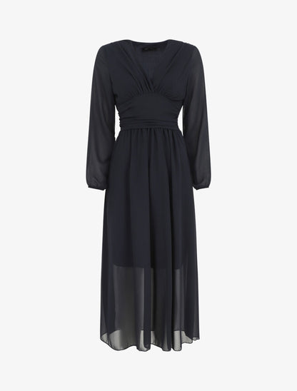 Robe longue élastiquée à col cache-coeur - Marine - 1