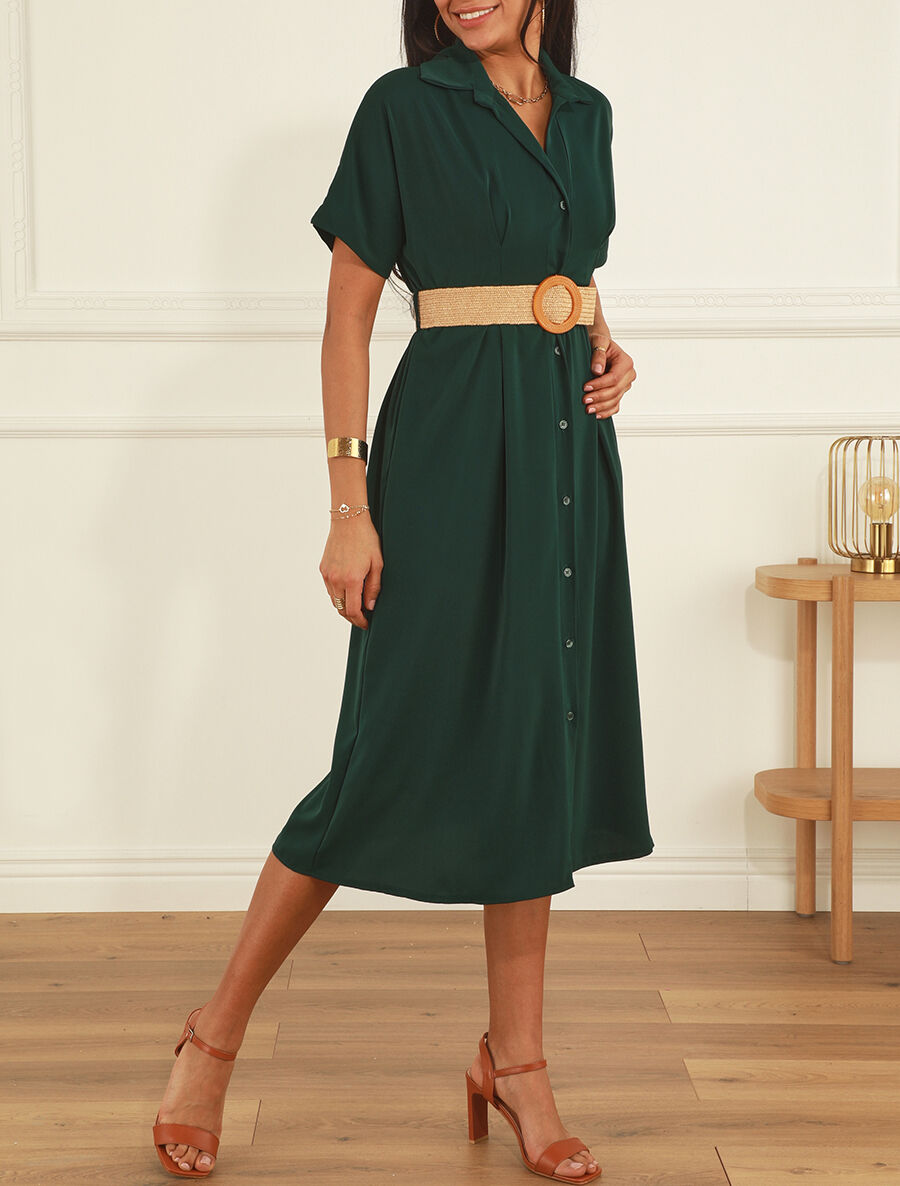 Robe chemise longue unie manches courtes - Vert foncé - 4
