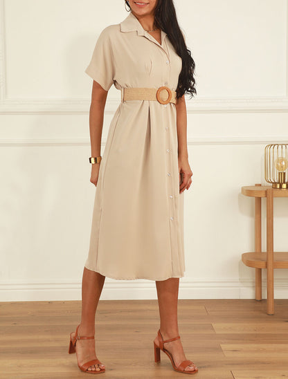 Robe chemise longue unie manches courtes - Beige - 4