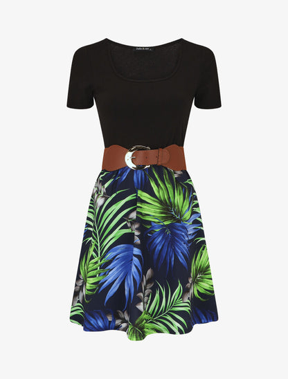 Robe mi-longue à imprimé tropical - Marine - 4