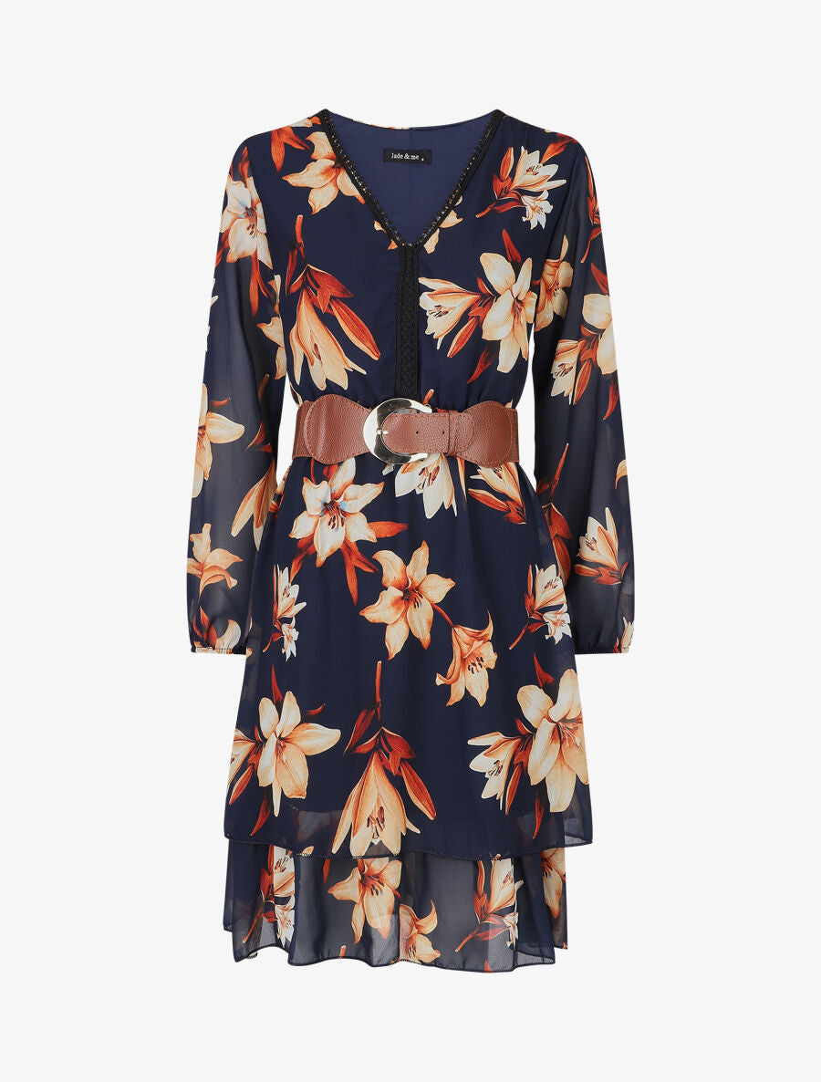 Robe élastiquée à imprimé fleurs - Marine - 1
