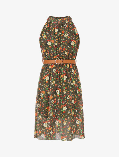 Robe sans manches évasée imprimé petites fleurs - Kaki - 4
