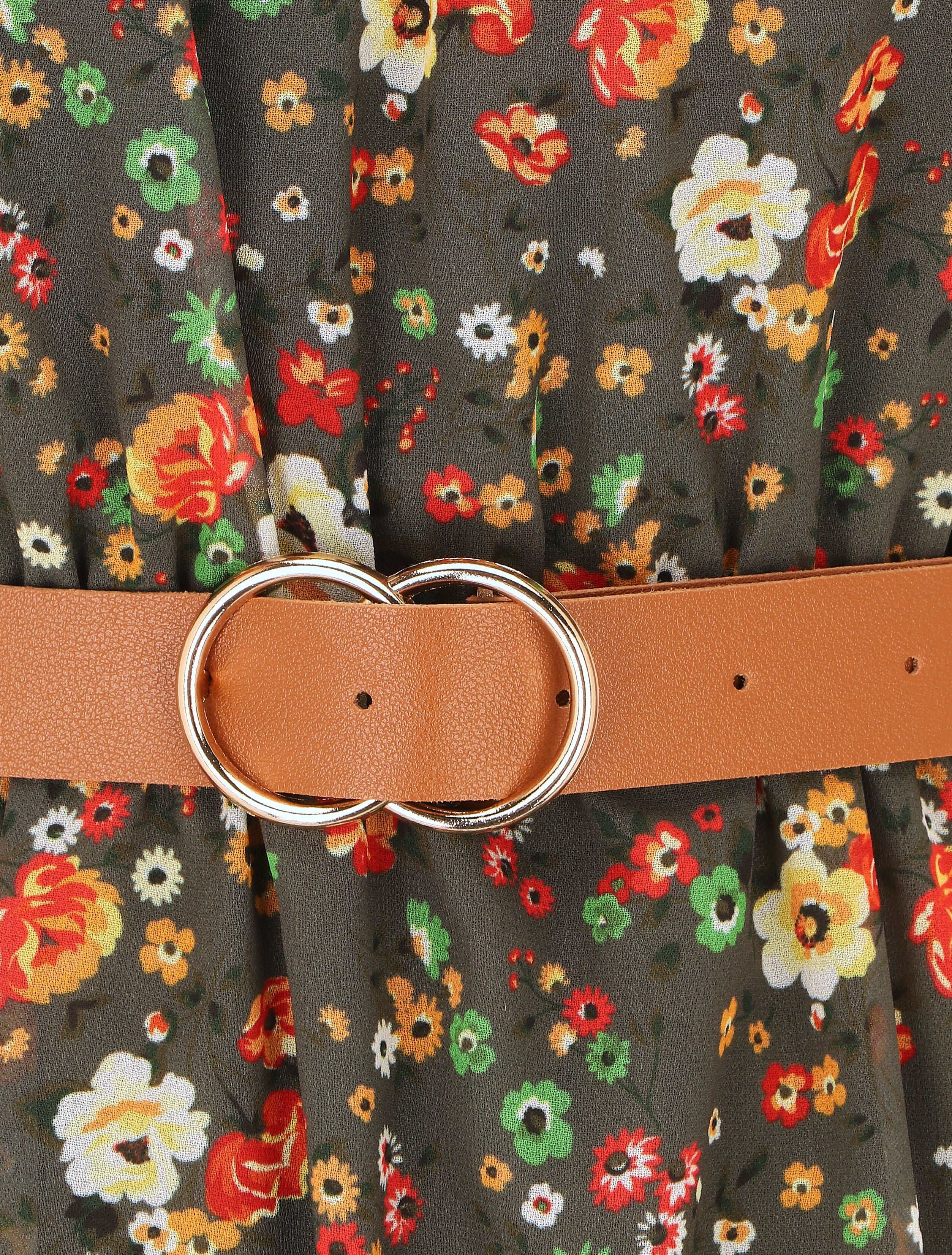 Robe sans manches évasée imprimé petites fleurs - Kaki - 3