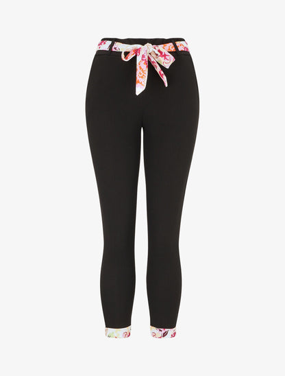 Pantalon slim taille haute à revers fleuri - Noir/blanc - 1