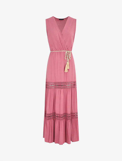 Robe longue unie à col cache-coeur - Rose - 1