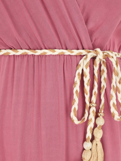 Robe longue unie à col cache-coeur - Rose - 3