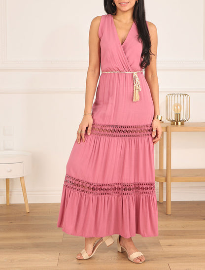 Robe longue unie à col cache-coeur - Rose - 4