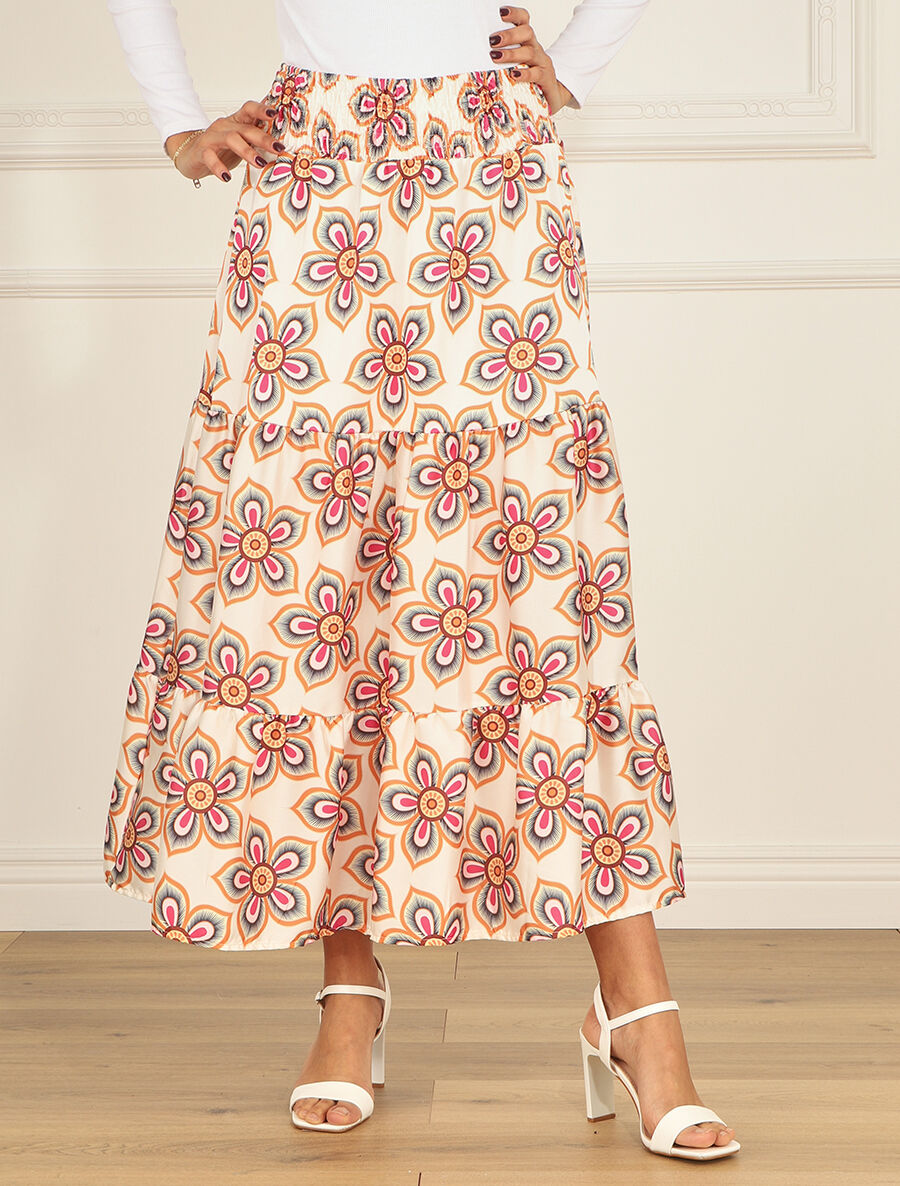 Jupe élastiquée à imprimé fleuri - Beige - 4