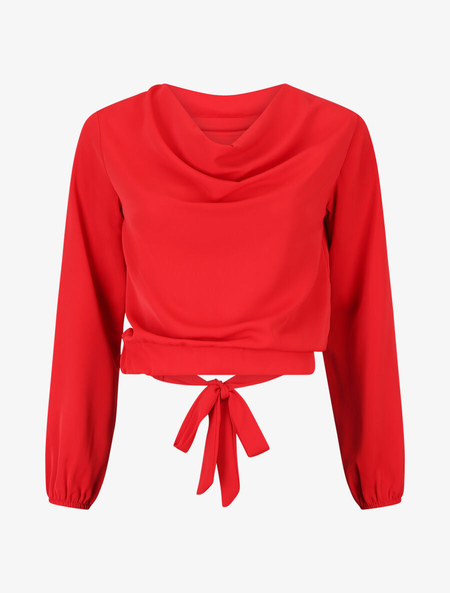 Blouse unie à col bénitier et à nouer - Rouge - 4