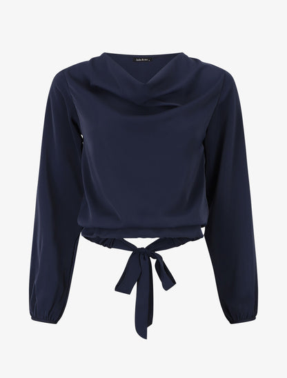 Blouse unie à col bénitier et à nouer - Marine - 1