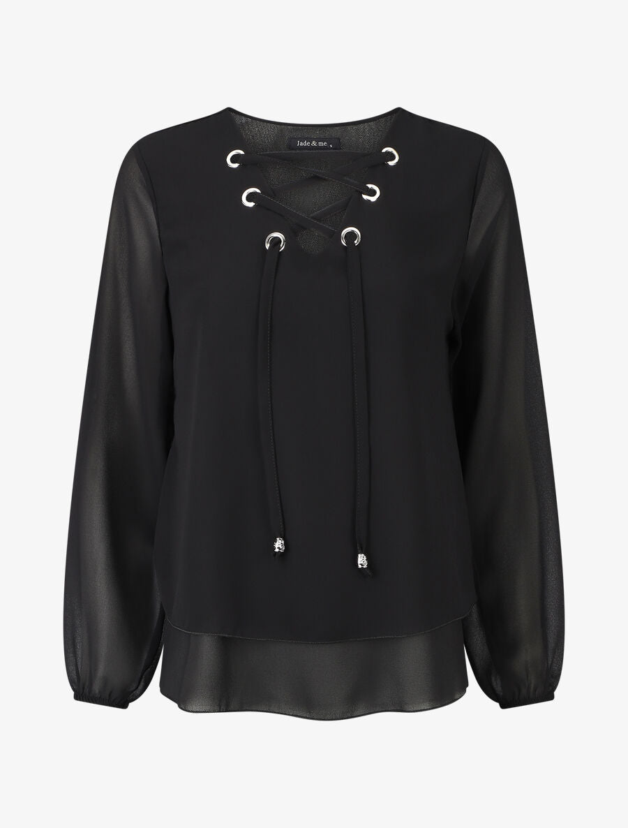 Blouse unie avec lacets - Noir - 5
